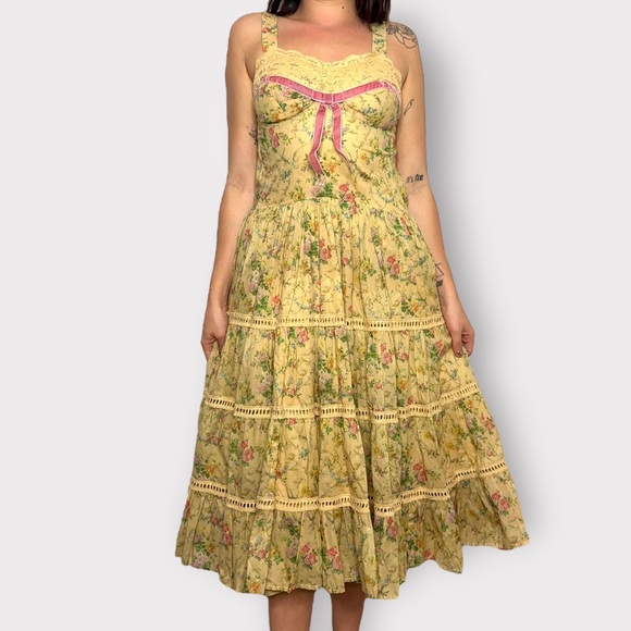 Kitten D’Amour Cottage Core, Fairy, Yellow Floral, Pink Lace Bow Dress - Picture 1 of 9
